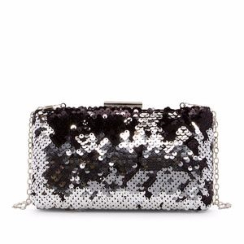NWT Hard Case Sequin Silver & Black Box Clutch